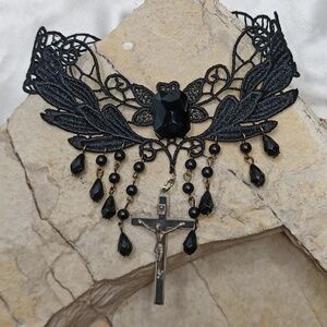 Lace choker necklace black Italy Cross pendant